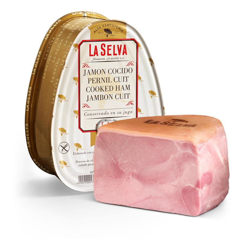 Phosphate-free premium cooked ham with skin in Facilat® can